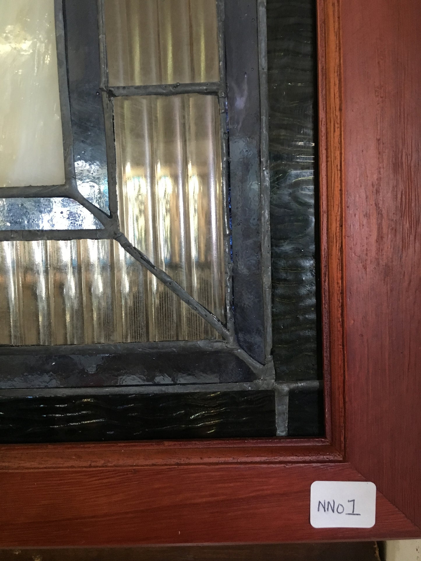 Glass Window - Stained Leaded Wood Frame Ornate Design w/Orange Ribbon-Jantiques LLC.