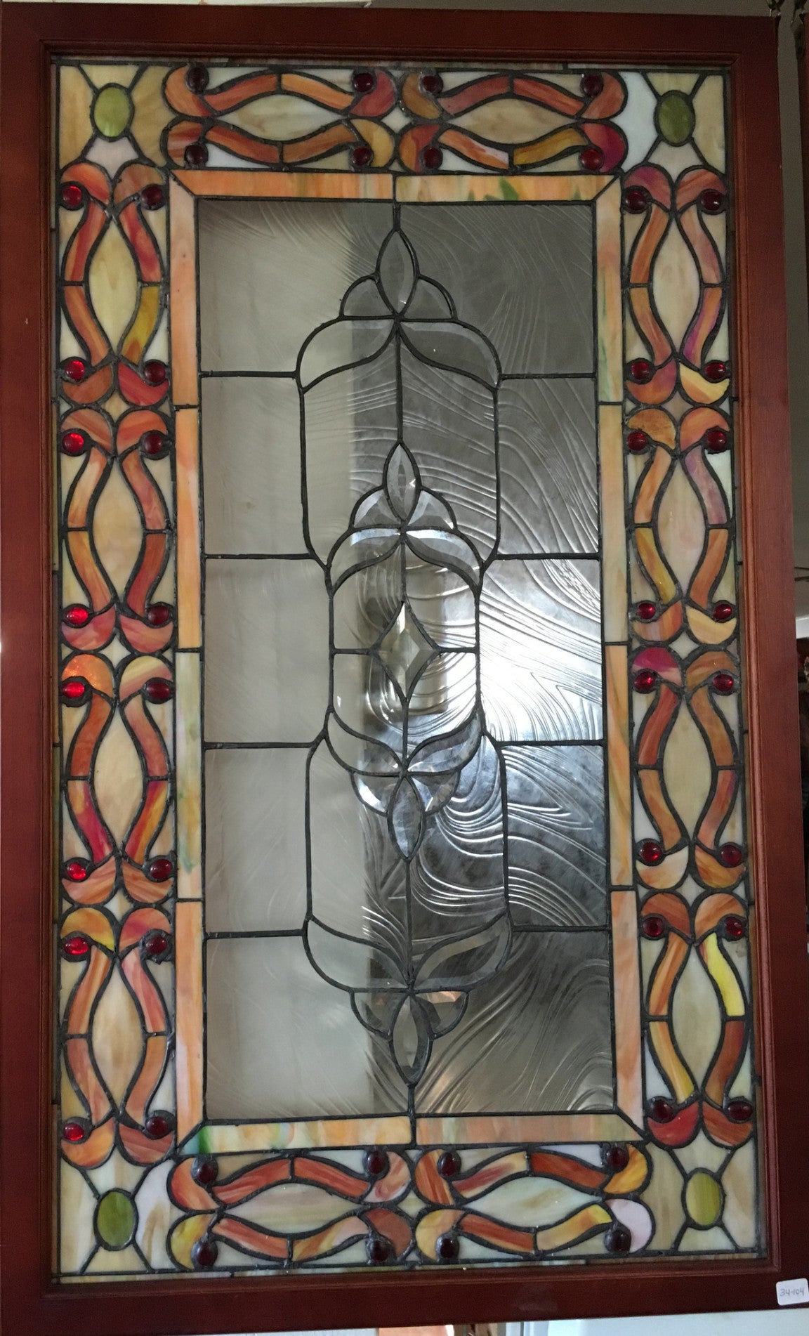 Glass Window - Stained Leaded Wood Frame Orange and Clear Geometric Design-Jantiques LLC.