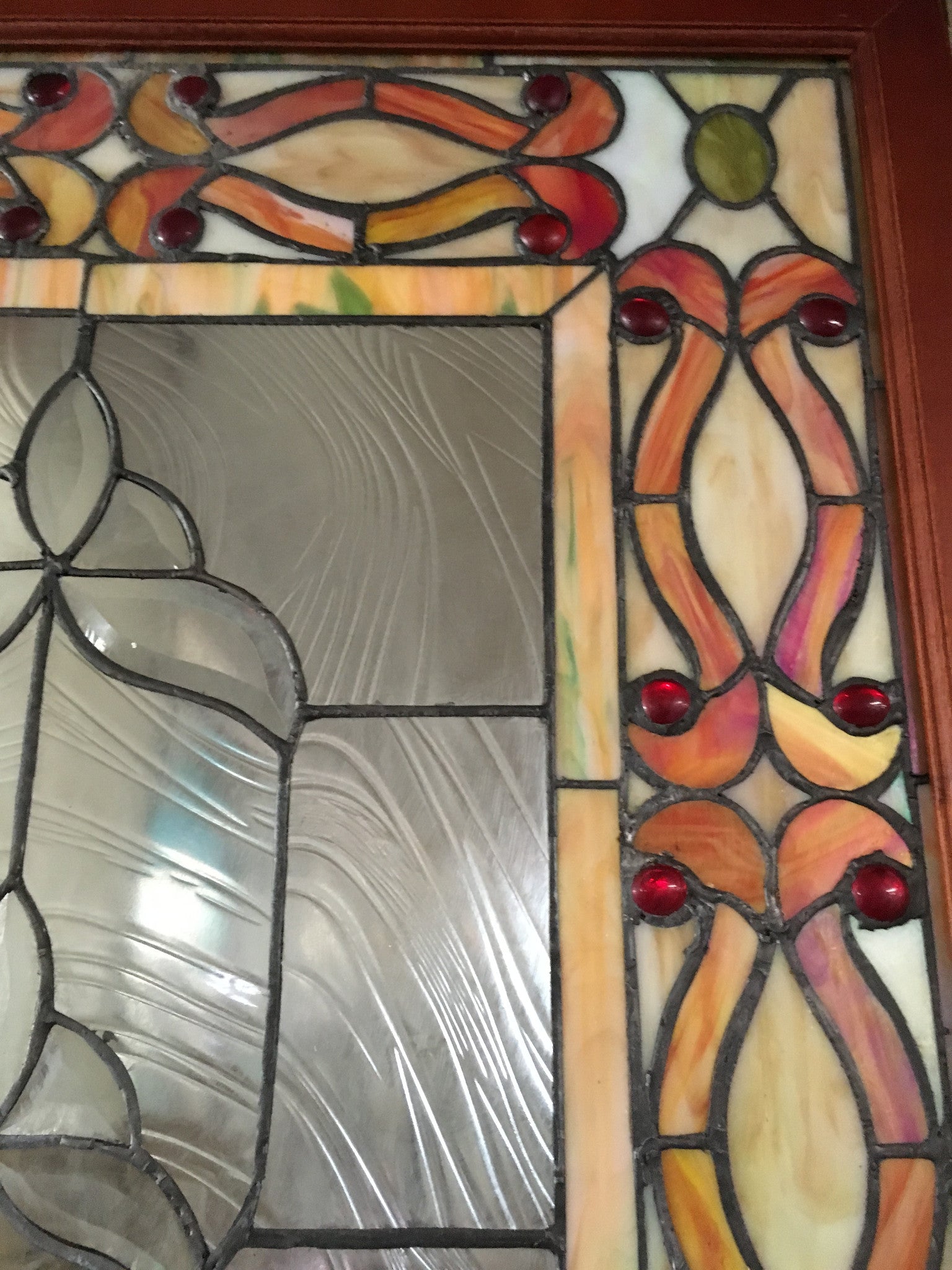 Glass Window - Stained Leaded Wood Frame Orange and Clear Geometric Design-Jantiques LLC.