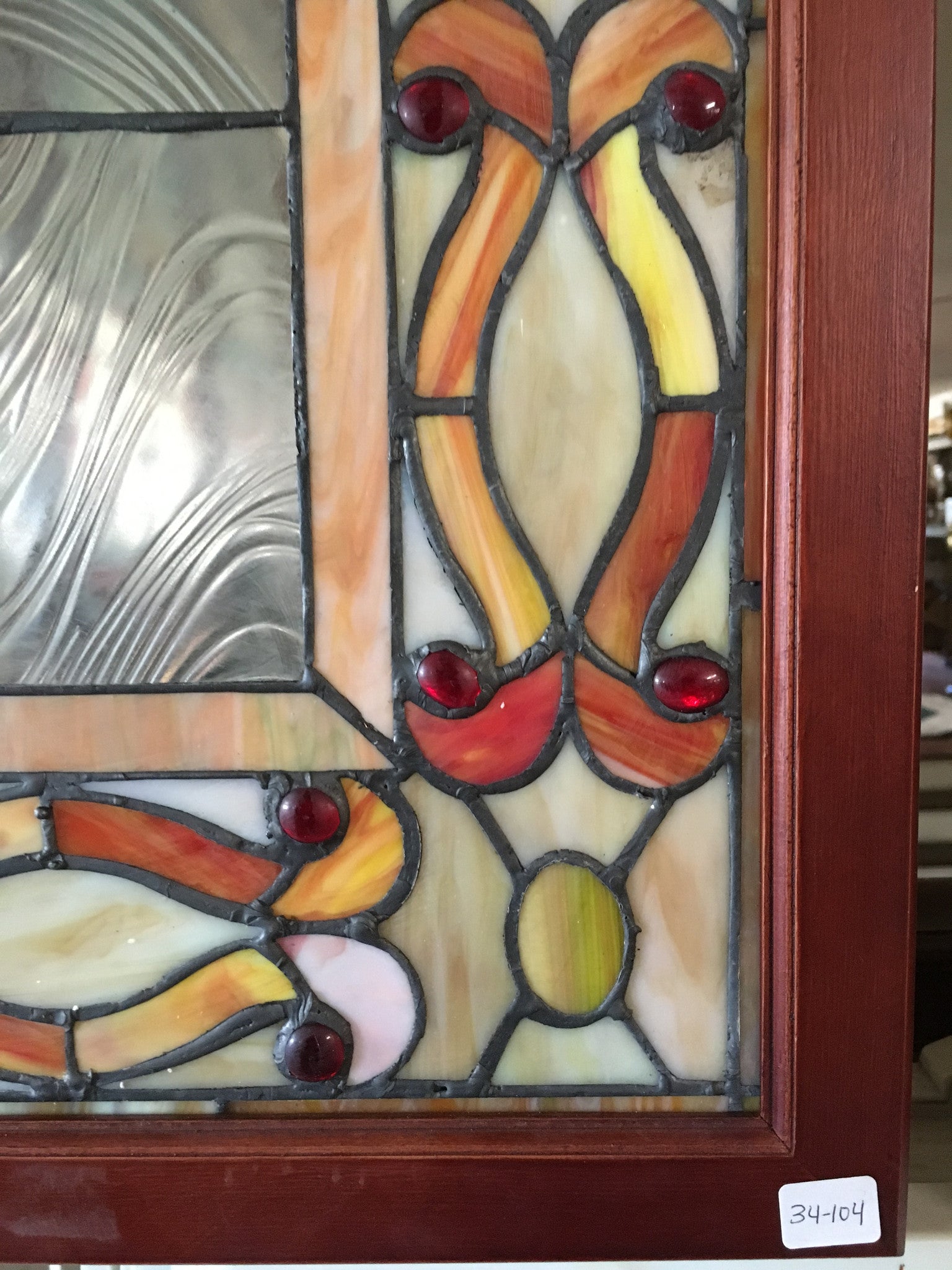 Glass Window - Stained Leaded Wood Frame Orange and Clear Geometric Design-Jantiques LLC.