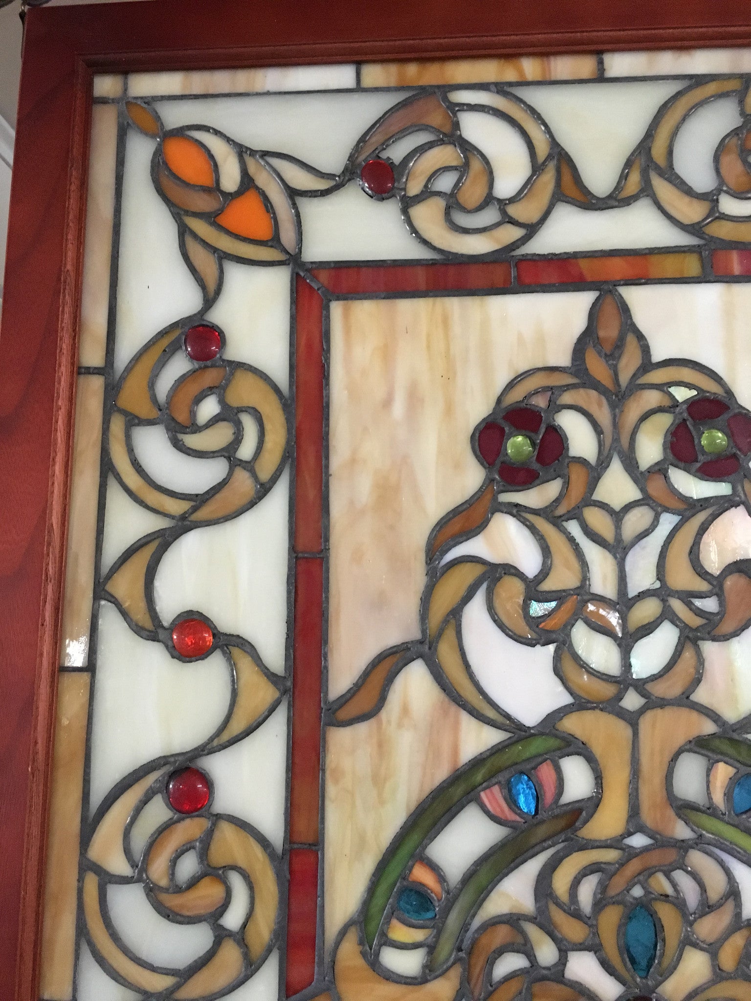 Glass Window -Stained Leaded Wood Frame Decorative Tiffany Style Design-Jantiques LLC.