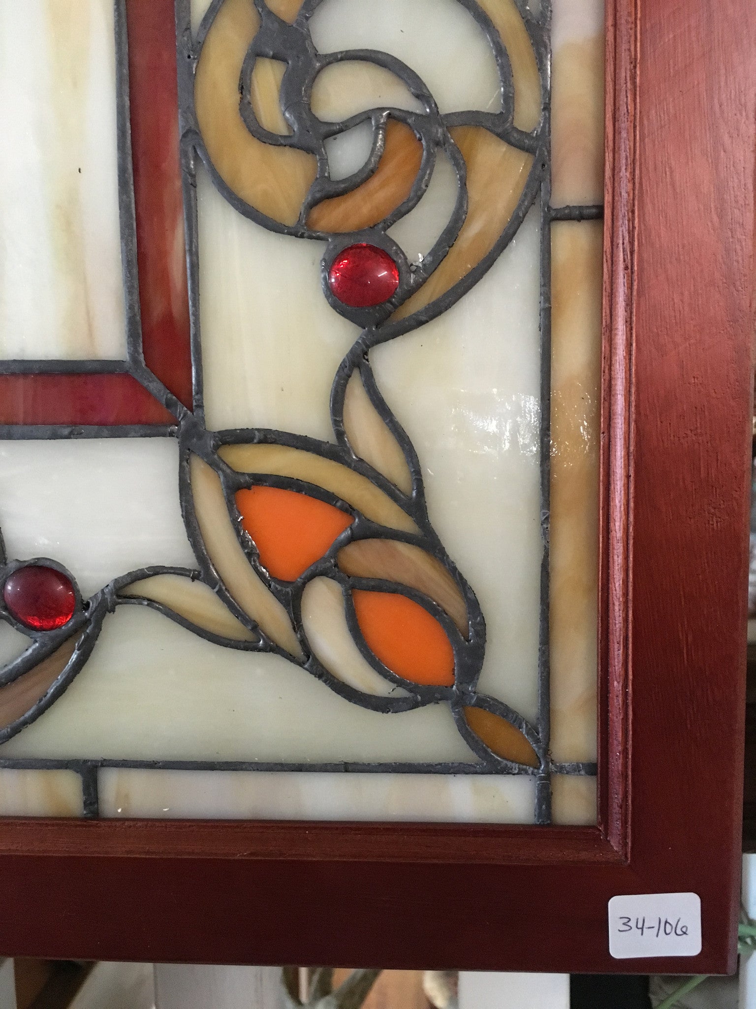 Glass Window -Stained Leaded Wood Frame Decorative Tiffany Style Design-Jantiques LLC.