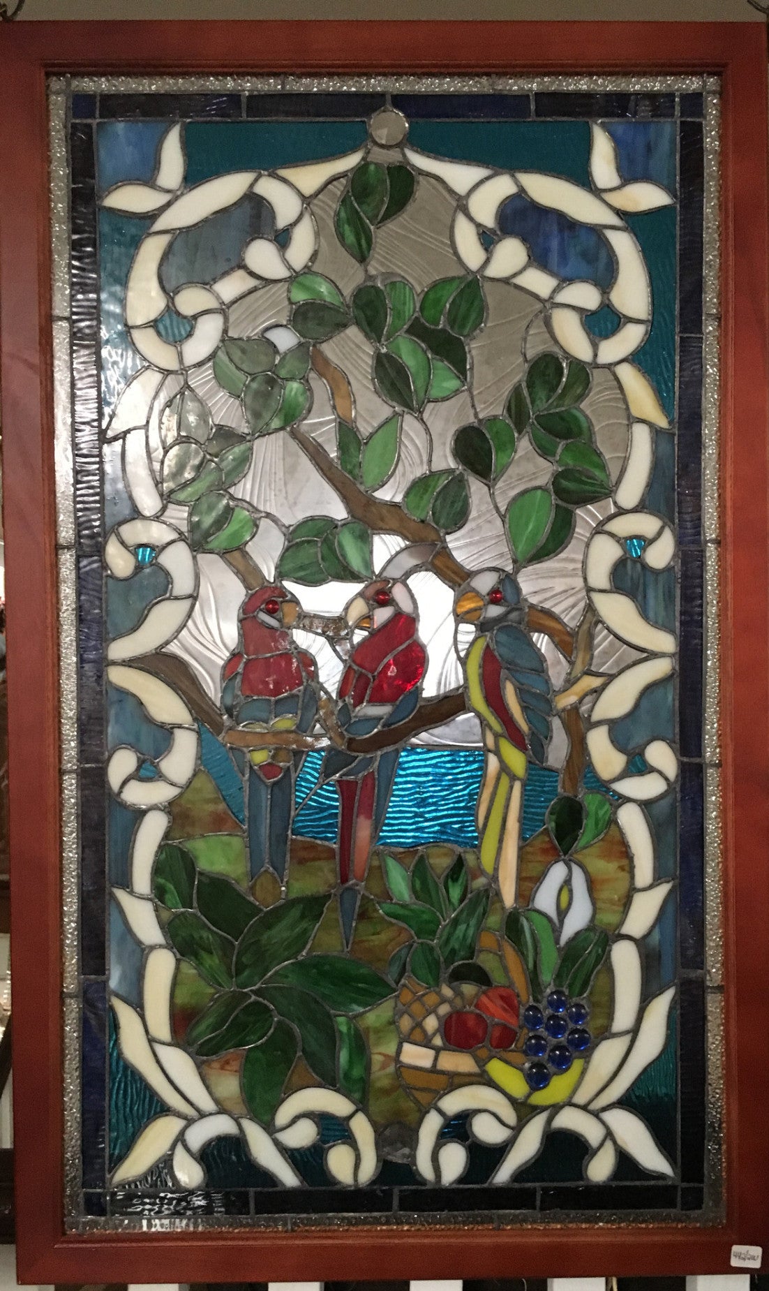 Glass Window - Stained Leaded Wood Frame 3 Parrots on Tree-Jantiques LLC.