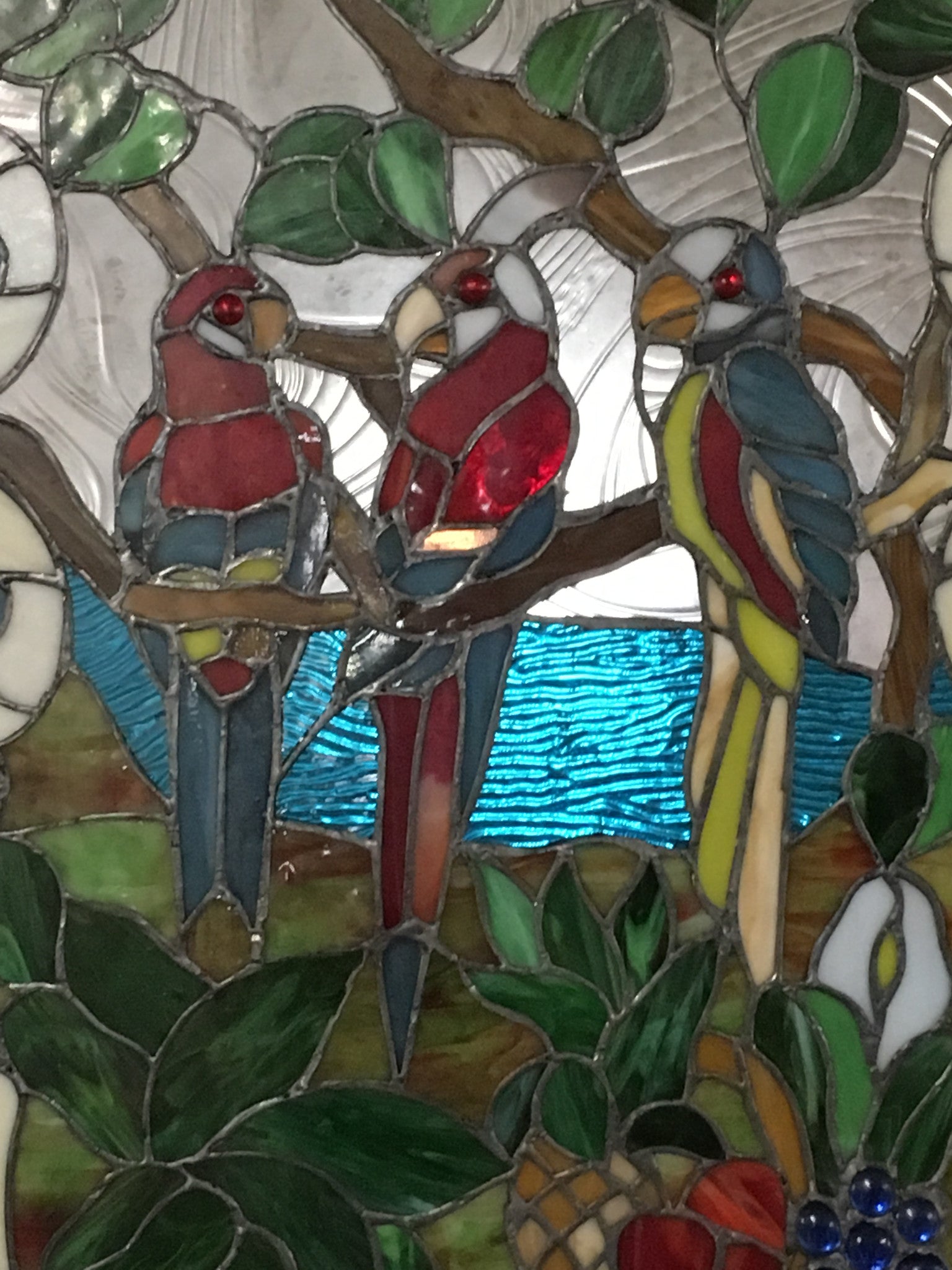 Glass Window - Stained Leaded Wood Frame 3 Parrots on Tree-Jantiques LLC.