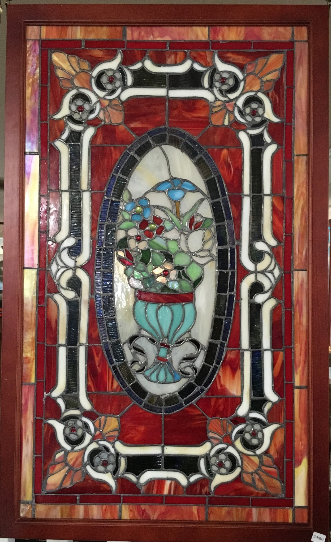 Glass Window - Stained Leaded Wood Frame Urn W/Flowers and Red Border Design-Jantiques LLC.