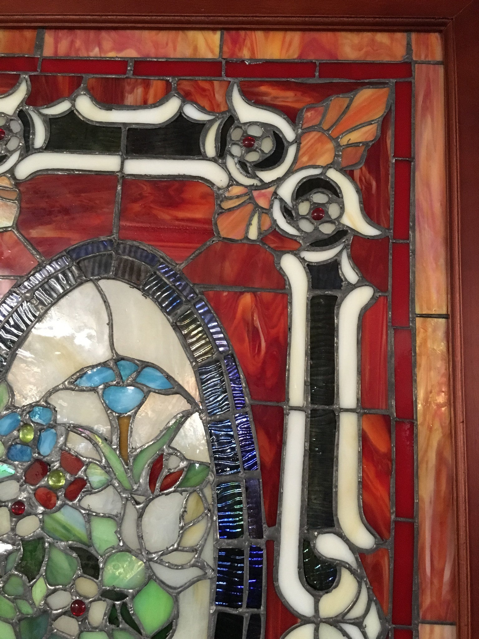 Glass Window - Stained Leaded Wood Frame Urn W/Flowers and Red Border Design-Jantiques LLC.