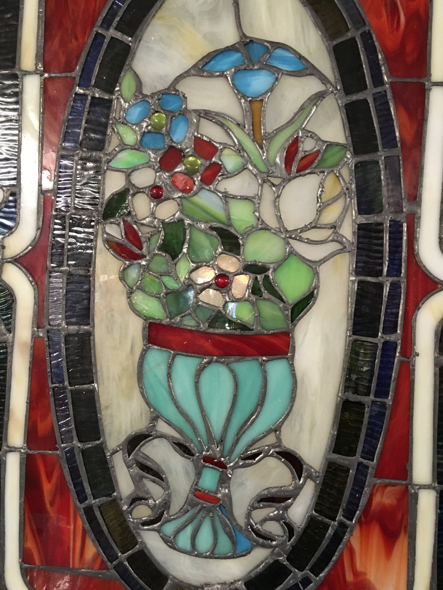 Glass Window - Stained Leaded Wood Frame Urn W/Flowers and Red Border Design-Jantiques LLC.