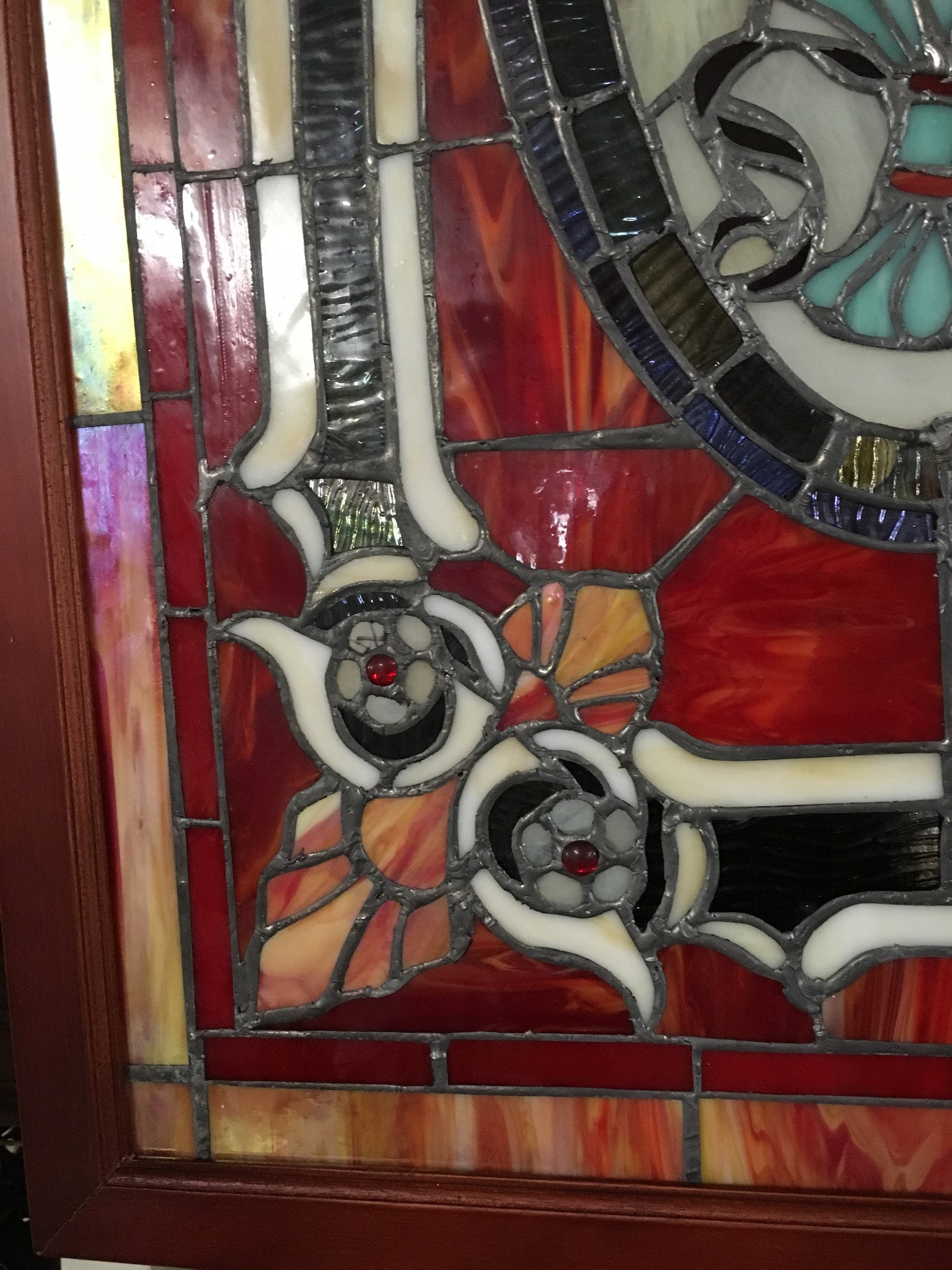 Glass Window - Stained Leaded Wood Frame Urn W/Flowers and Red Border Design-Jantiques LLC.