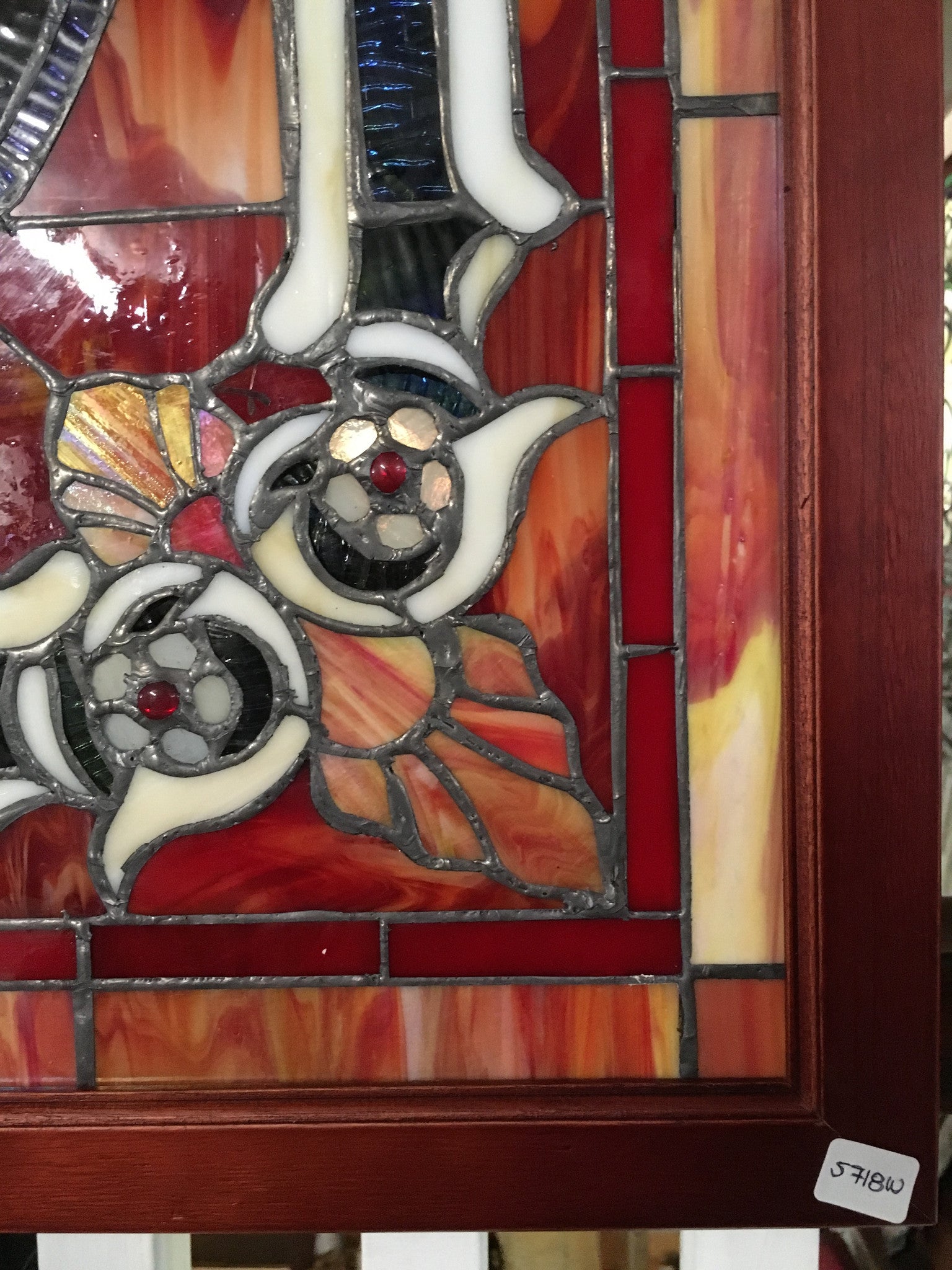 Glass Window - Stained Leaded Wood Frame Urn W/Flowers and Red Border Design-Jantiques LLC.