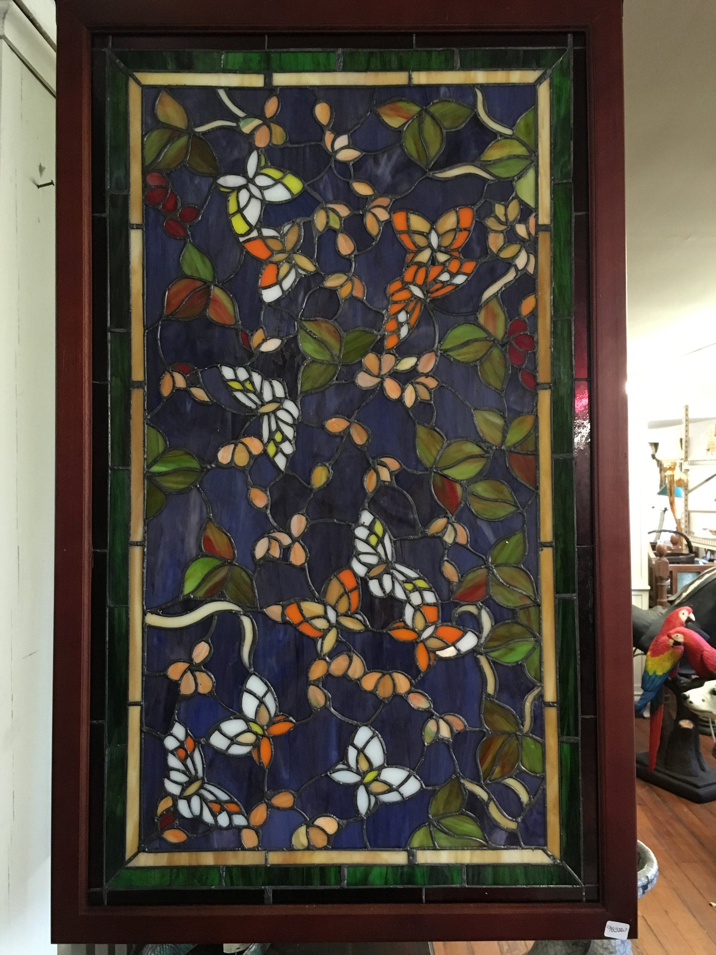 Glass Window - Stained Leaded Wood Frame Purple Background w/Butterflies-Jantiques LLC.