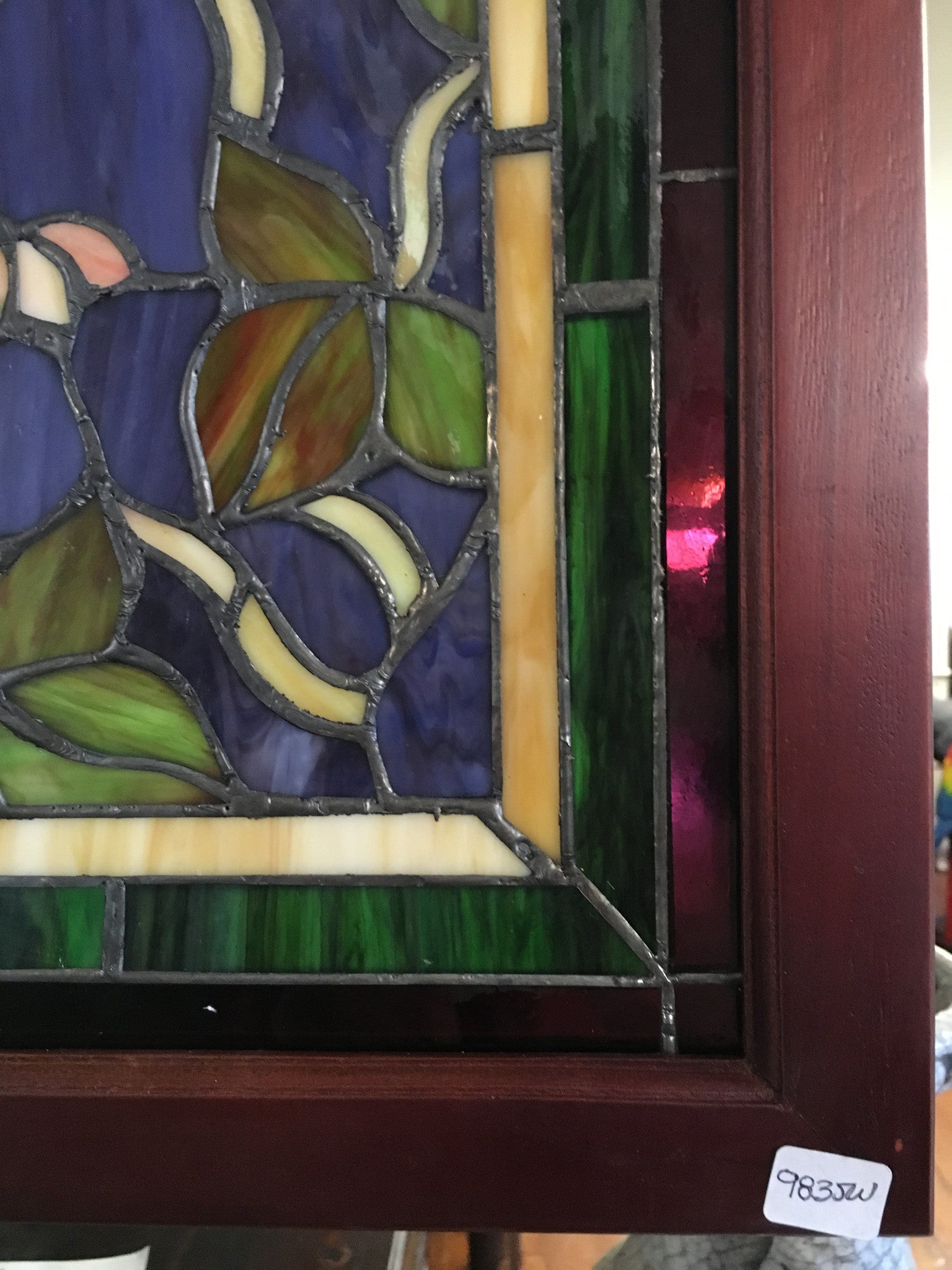 Glass Window - Stained Leaded Wood Frame Purple Background w/Butterflies-Jantiques LLC.