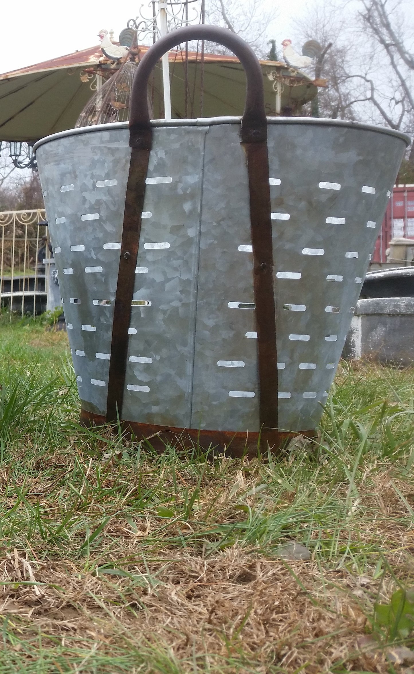 Metal Tin - Large Galvanized Metal Olive Bucket with Handles-Jantiques LLC.