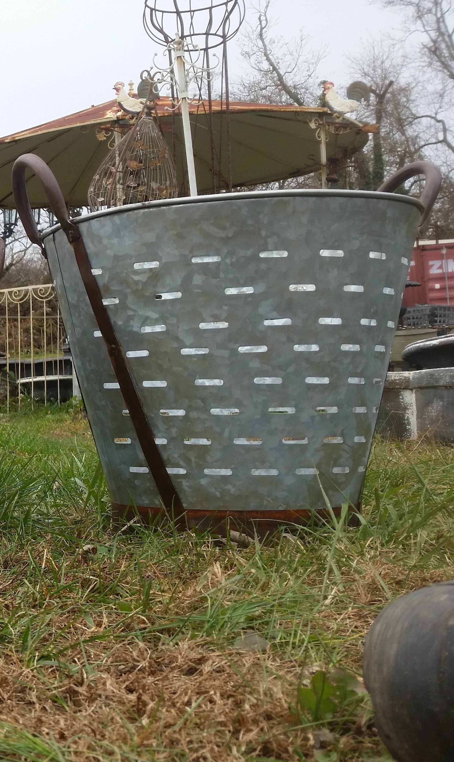 Metal Tin - Large Galvanized Metal Olive Bucket with Handles-Jantiques LLC.