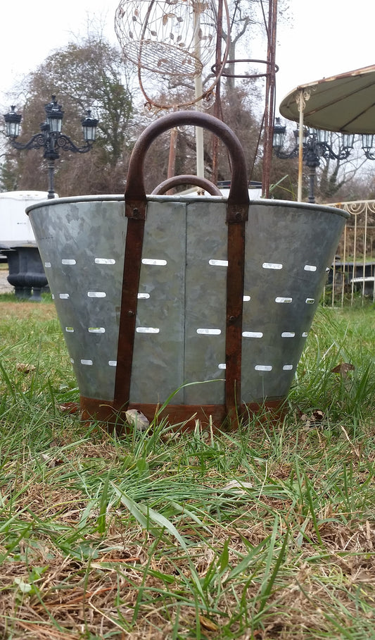 Metal Tin - Medium Galvanized Metal Olive Bucket with Handles-Jantiques LLC.