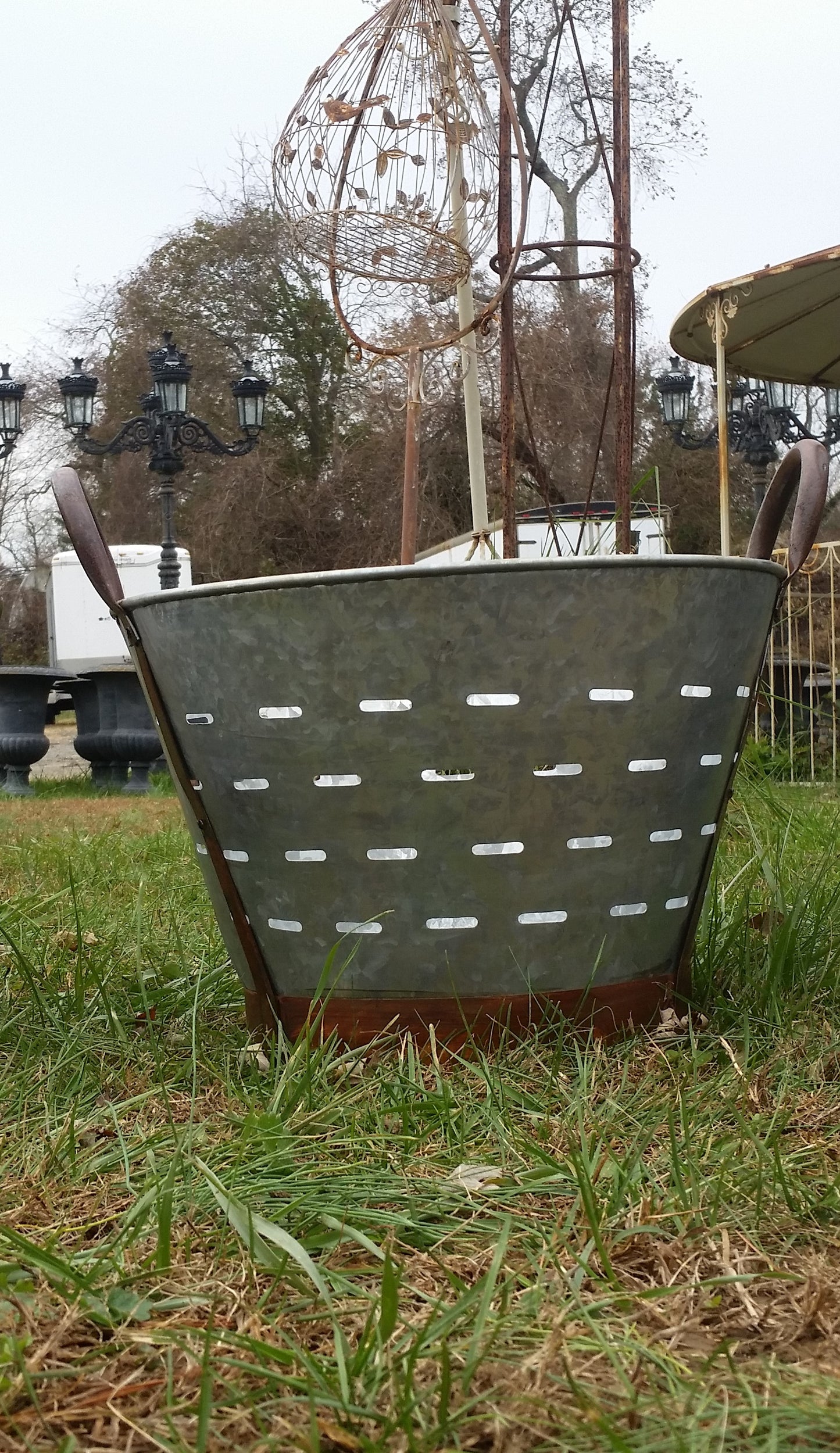 Metal Tin - Medium Galvanized Metal Olive Bucket with Handles-Jantiques LLC.