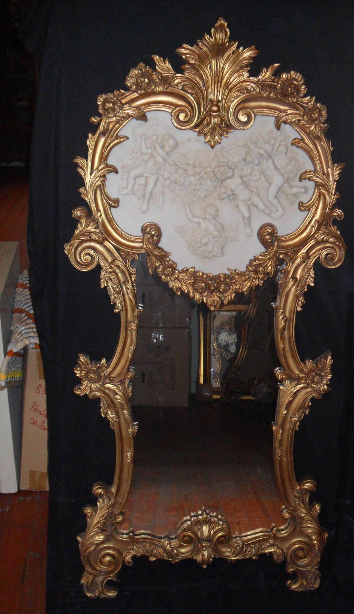 LOUIS XVI Mirror - White Cherubs Gilt Putti-Jantiques LLC.