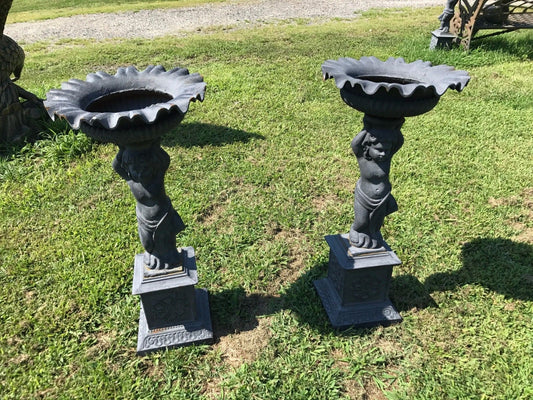 Urns Cast Iron - Pair Tall Cherub-Jantiques LLC.