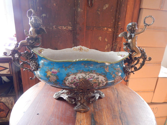 Sevres Porcelain - Blue French Style Bowl w/ Gilt Bronze Ormolu Cherub-Jantiques LLC.