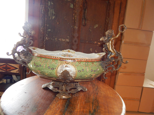 Sevres Porcelain - Green French Style Bowl w/ Gilt Bronze Ormolu Cherub-Jantiques LLC.