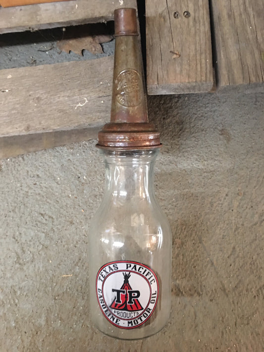 GLASS OIL BOTTLE - TEXAS PACIFIC GAS MOTOR OIL with lid cap-Jantiques LLC.