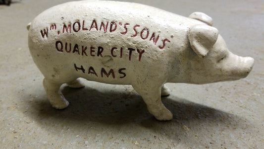 Pig Bank -Cast Iron "Wm Moland's Sons Quaker City Hams" Red Advertising-Jantiques LLC.