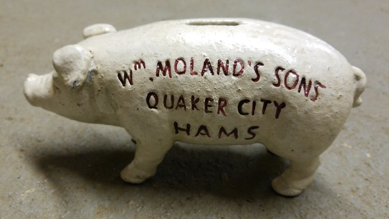 Pig Bank -Cast Iron "Wm Moland's Sons Quaker City Hams" Red Advertising-Jantiques LLC.