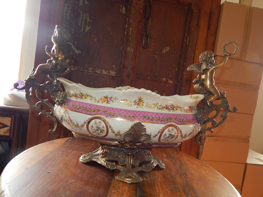 Sevres Porcelain - Pink French Style Bowl w/ Gilt Bronze Ormolu Cherub-Jantiques LLC.