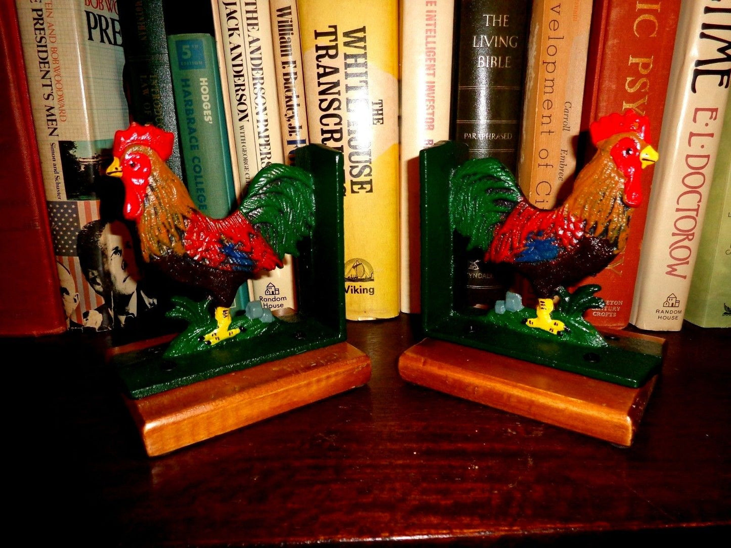 Book Ends - Cast Iron Rooster With Wooden Base-Jantiques LLC.