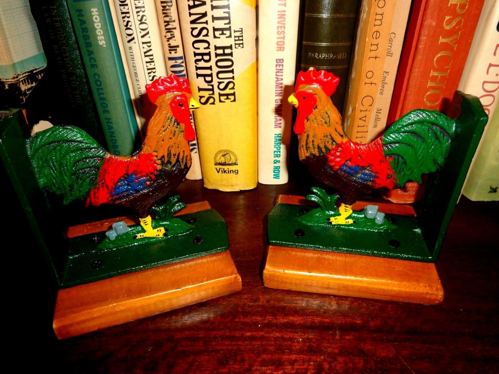 Book Ends - Cast Iron Rooster With Wooden Base-Jantiques LLC.