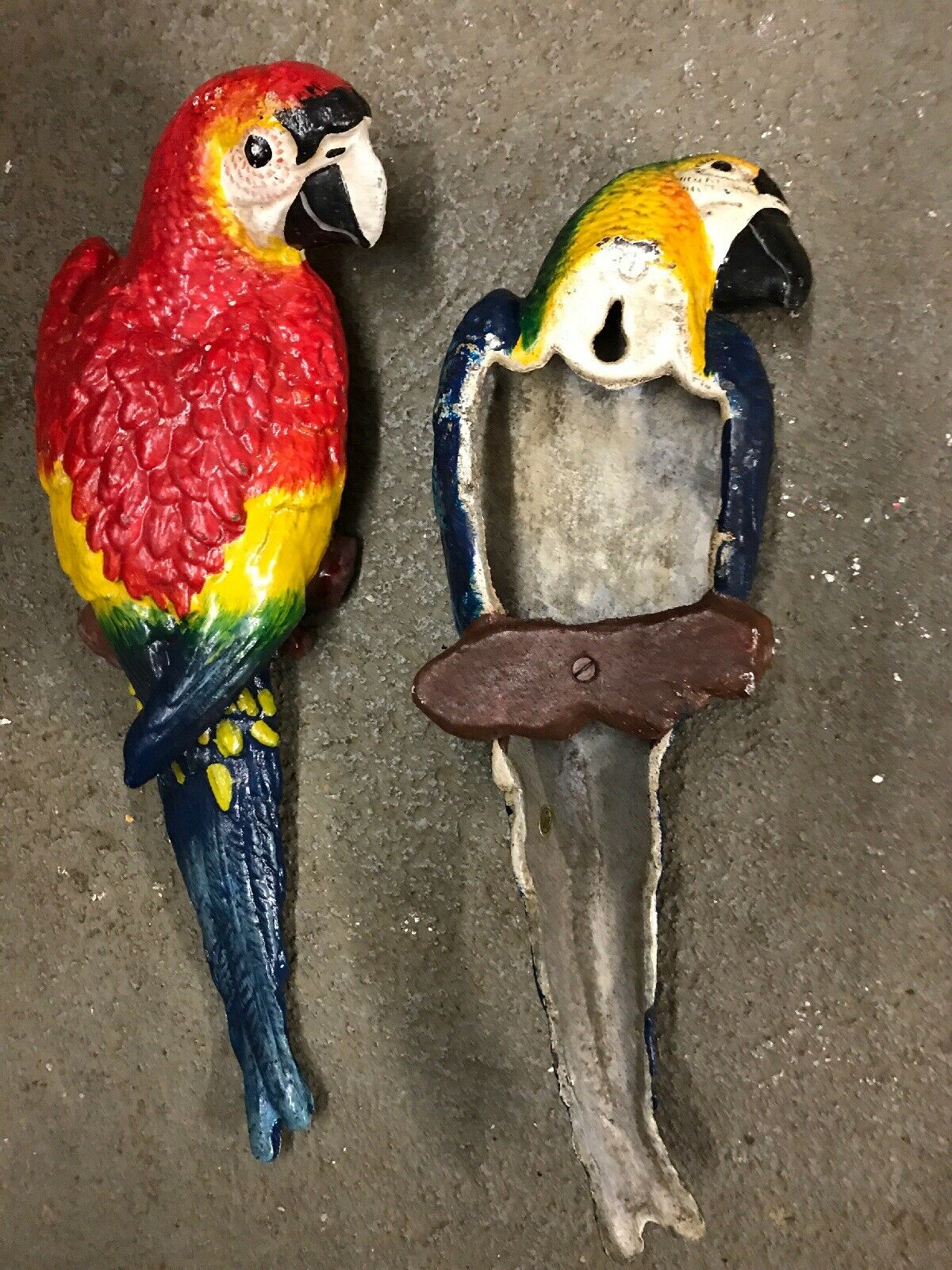 CAST IRON PAIR OF WALL MOUNT BLUE AND RED PARROT-Jantiques LLC.