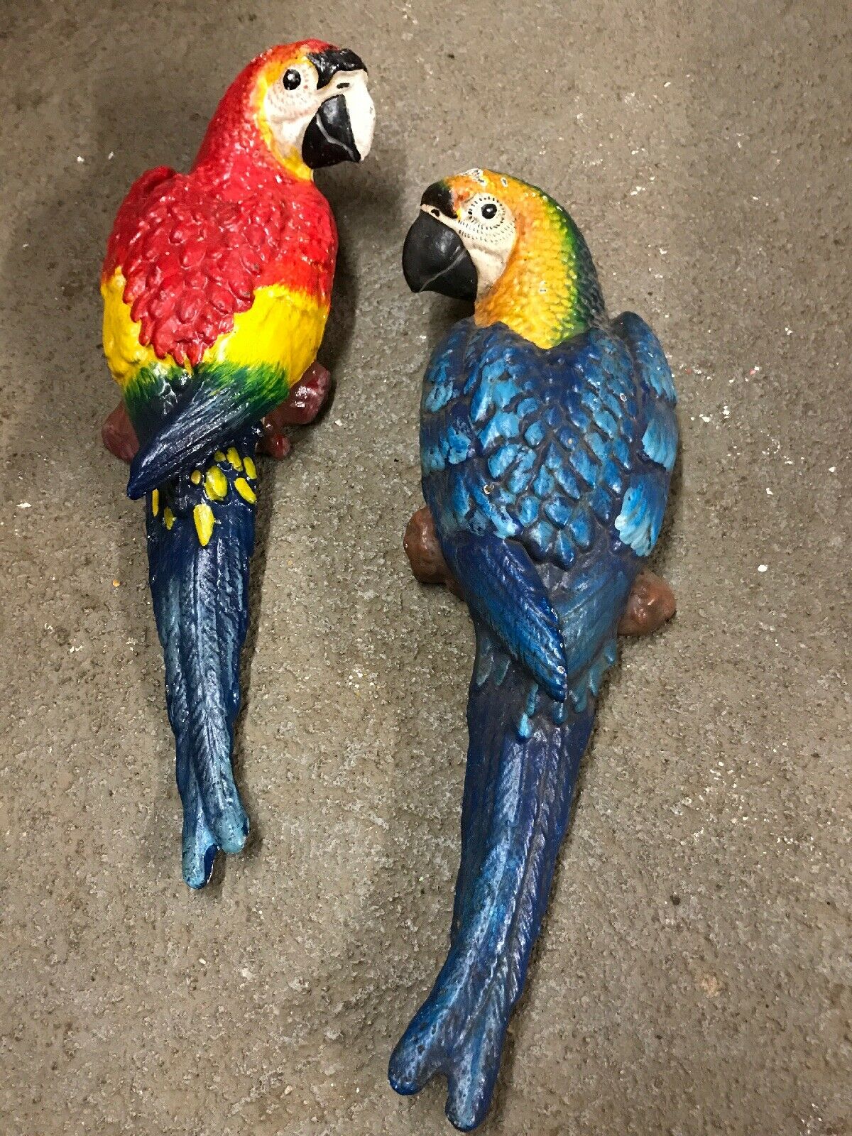 CAST IRON PAIR OF WALL MOUNT BLUE AND RED PARROT-Jantiques LLC.