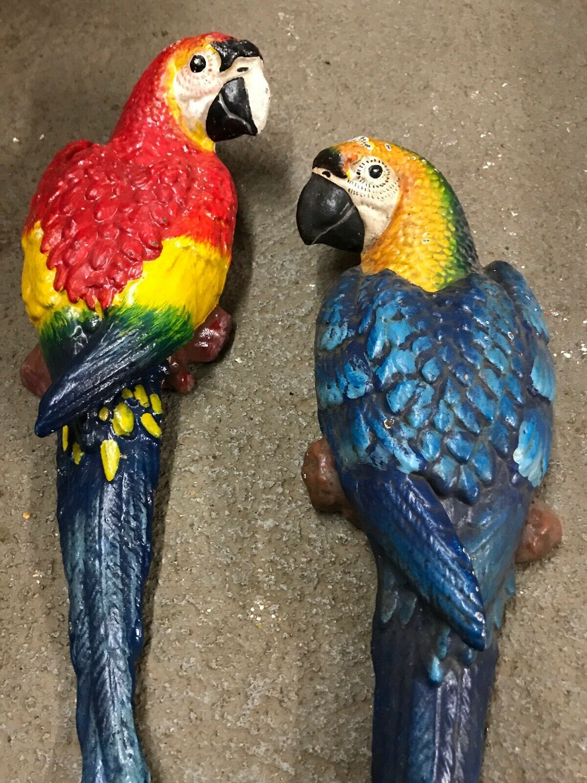 CAST IRON PAIR OF WALL MOUNT BLUE AND RED PARROT-Jantiques LLC.