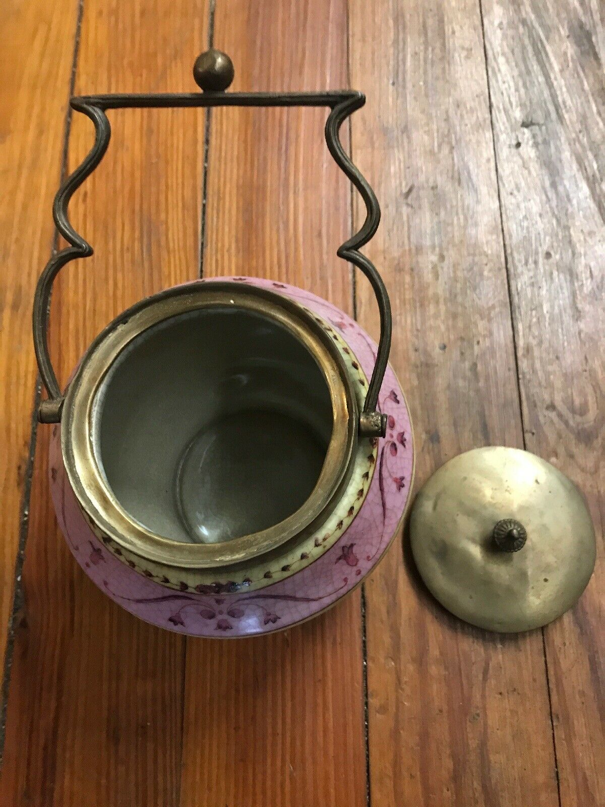 PORCELAIN BISCUIT JAR WITH ORNATE BRONZE HANDLE-Jantiques LLC.