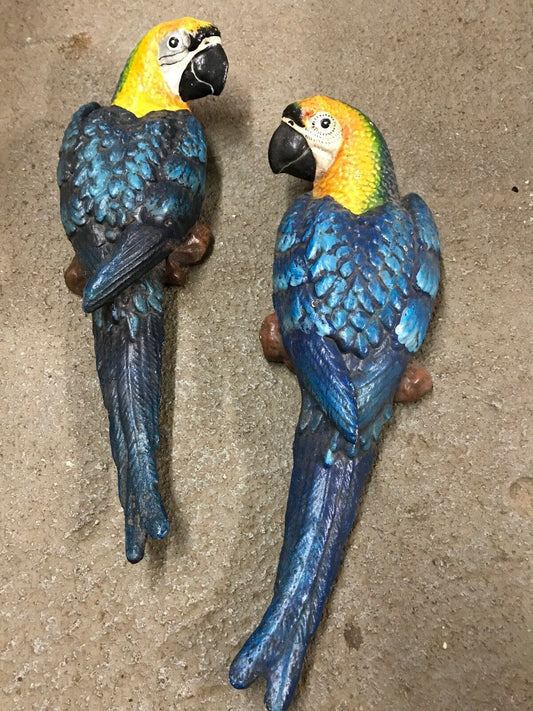 CAST IRON PAIR OF WALL MOUNT BLUE PARROT-Jantiques LLC.