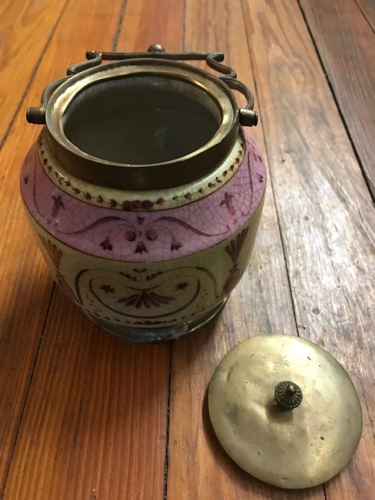 PORCELAIN BISCUIT JAR WITH ORNATE BRONZE HANDLE-Jantiques LLC.