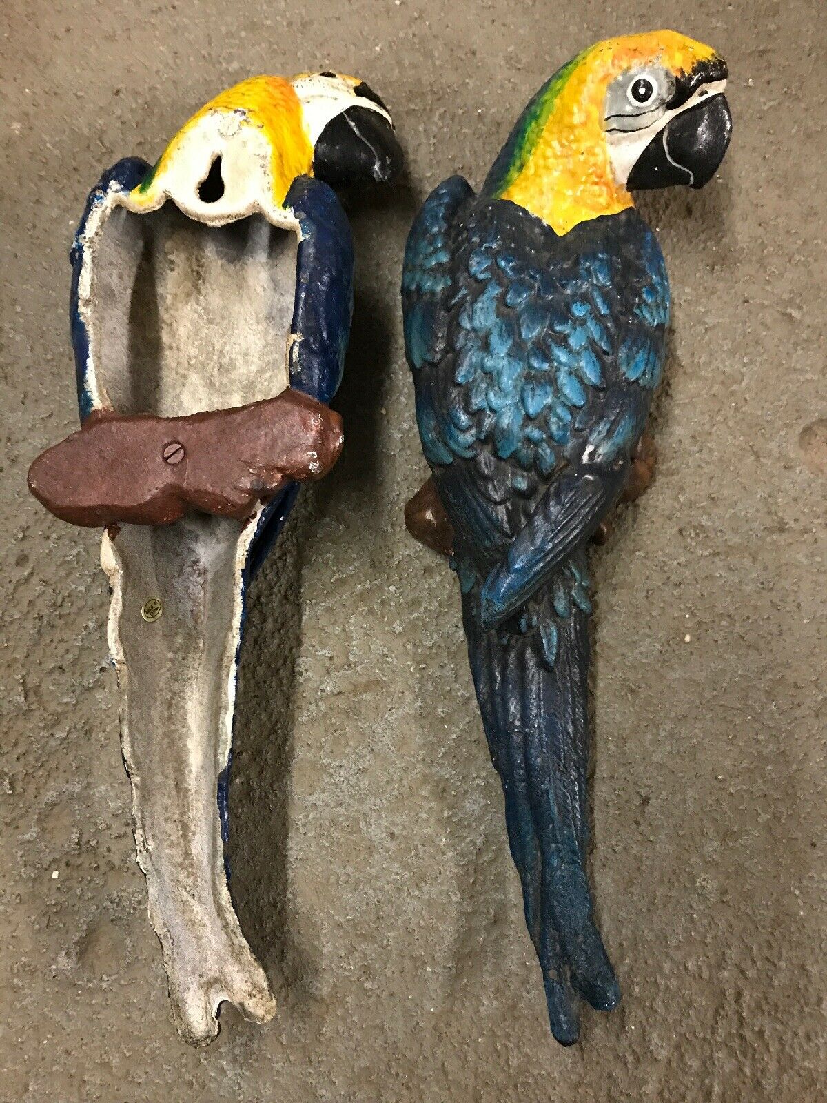 CAST IRON PAIR OF WALL MOUNT BLUE PARROT-Jantiques LLC.