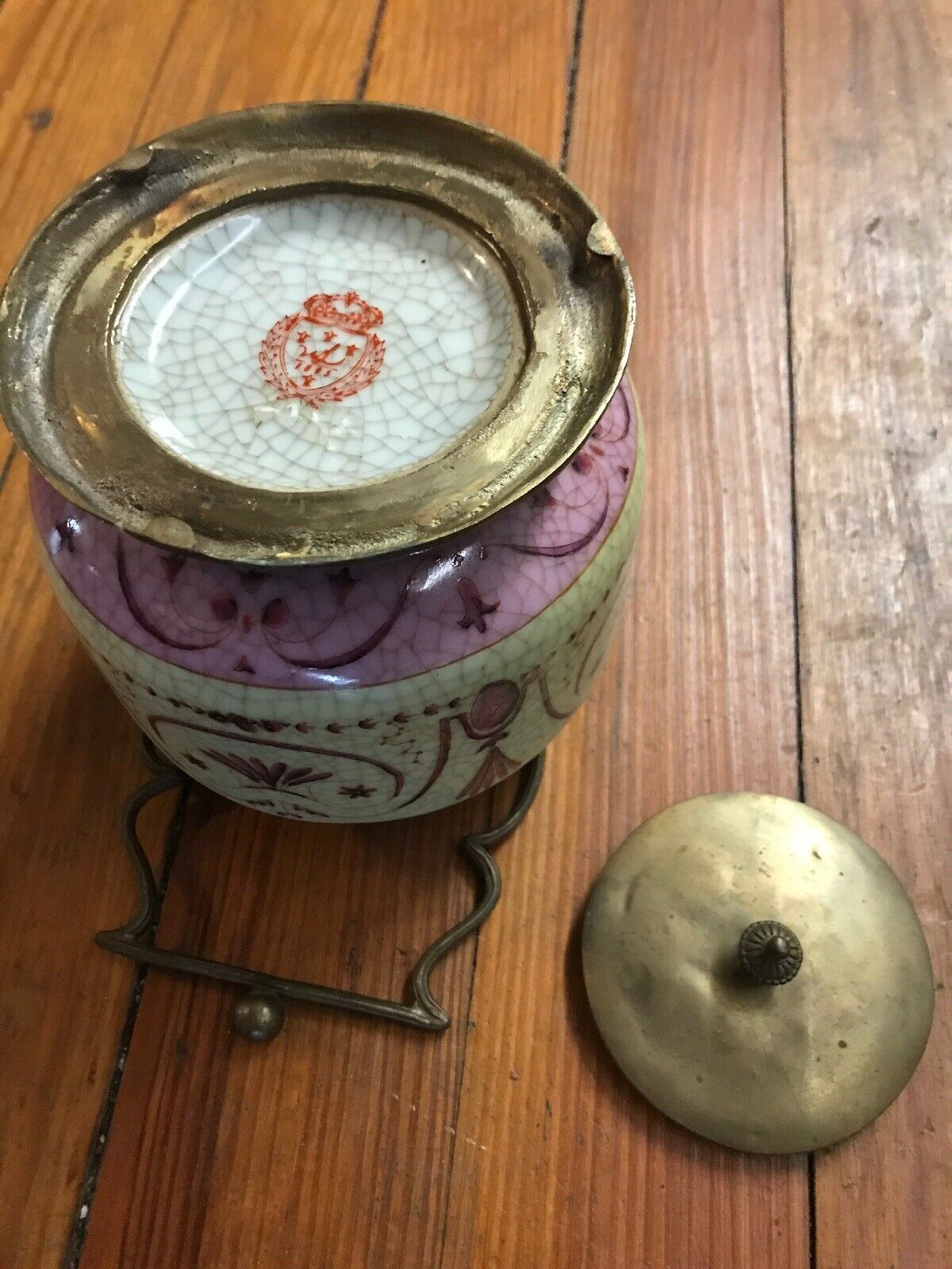 PORCELAIN BISCUIT JAR WITH ORNATE BRONZE HANDLE-Jantiques LLC.