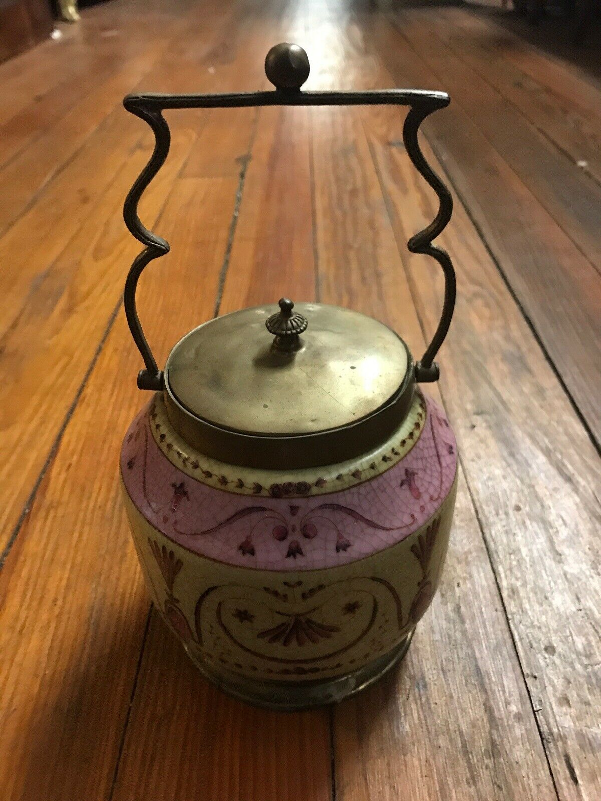 PORCELAIN BISCUIT JAR WITH ORNATE BRONZE HANDLE-Jantiques LLC.