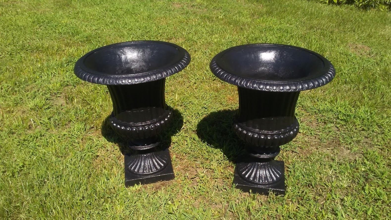 Cast Iron - Pair Short Black Urns-Jantiques LLC.