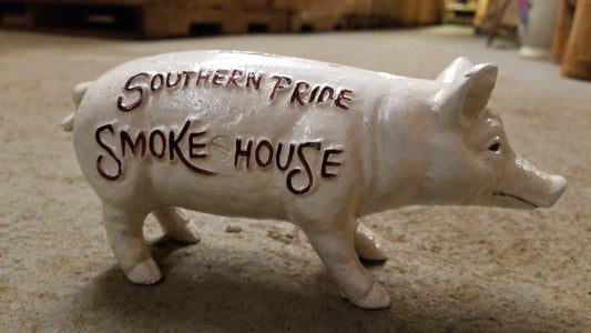 PIG Bank - Cast Iron "Southern Pride SmokeHouse " Advertising-Jantiques LLC.